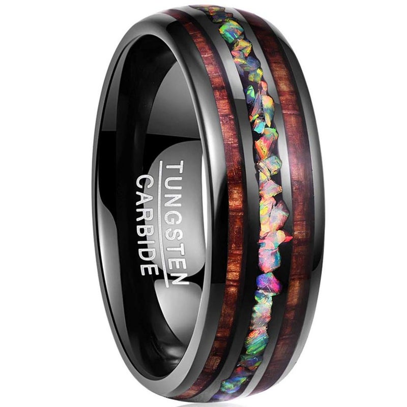 NUNCAD 8mm Black Tungsten Opal Ring with Hawaiian Koa Wood Wedding Ring Engagement Ring Promise Ring Size 10 - Image 1